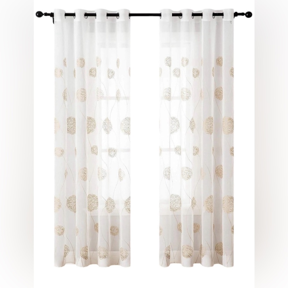 Sheer Embroidered Curtain Panels Grommet Top Gold 54 X 84 inches